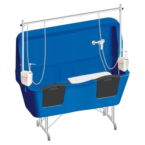 Badewanne aus Polyethylen auf Stahlfüßen mit Spritzschutzwand - blau